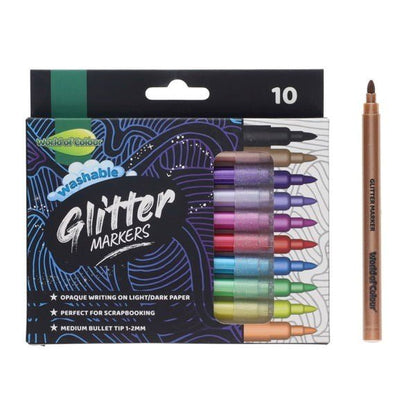 World of Colour 10 Pack Washable Glitter Markers - ABC School Supplies
