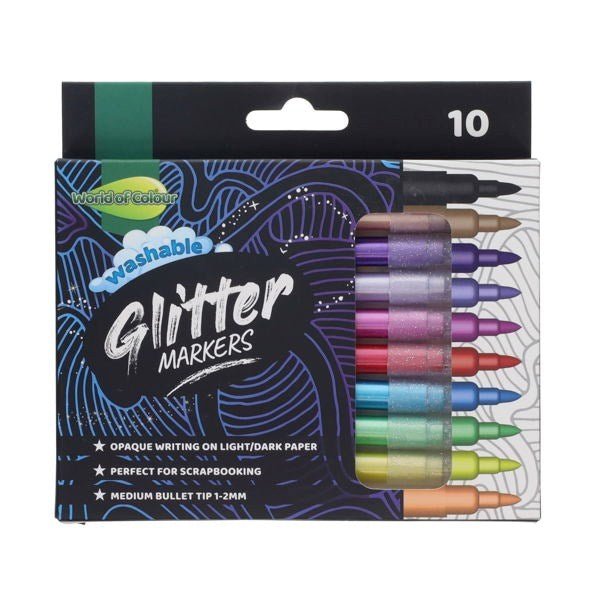 World of Colour 10 Pack Washable Glitter Markers - ABC School Supplies