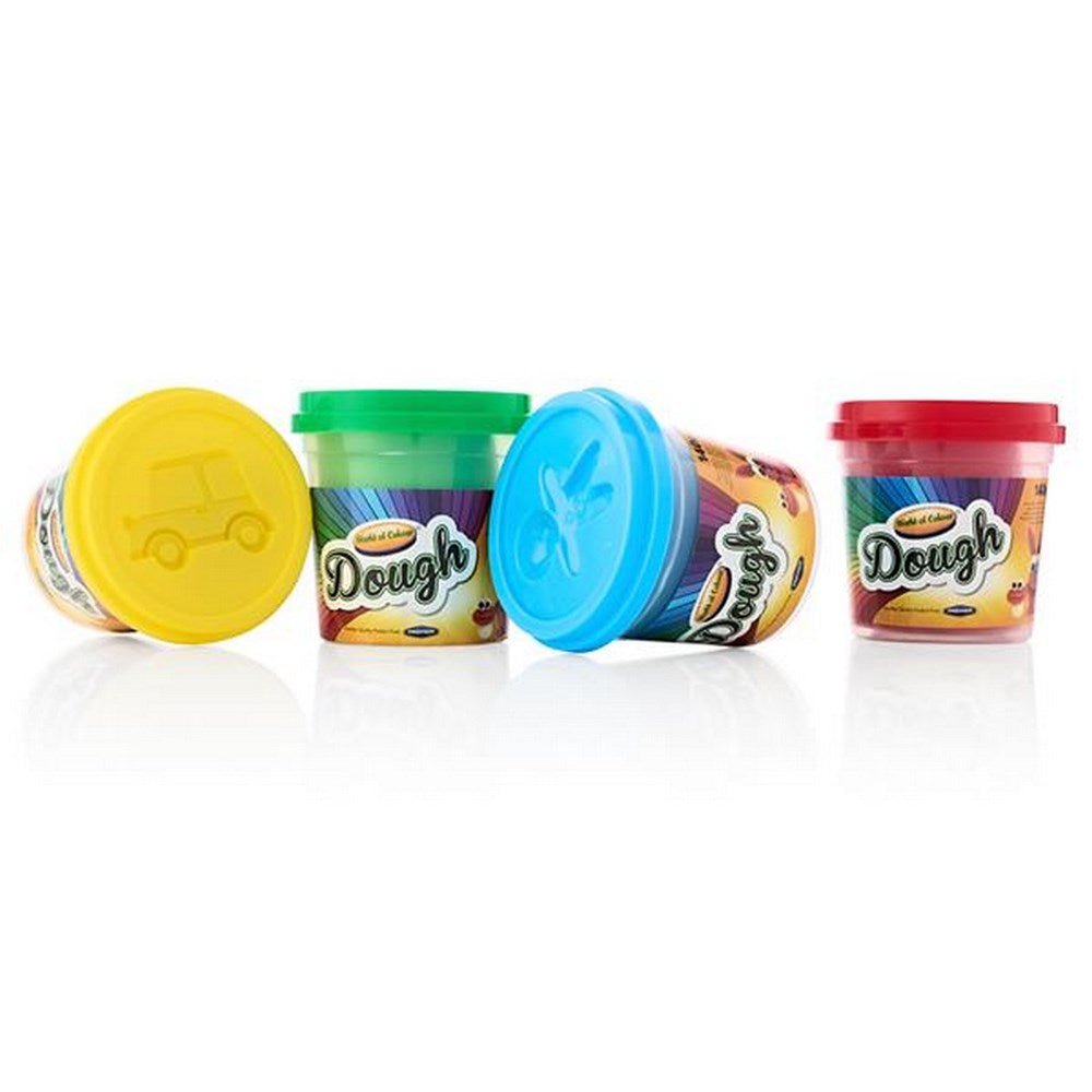 World Of Colour Play Dough With Mould Lids (4X140G Pots) Yellow, Blue, Red & Green - ABC School Supplies
